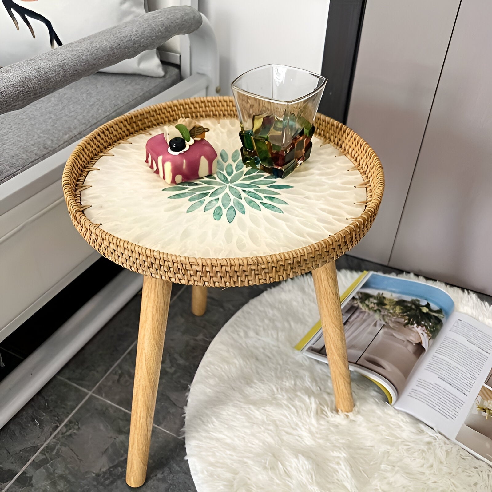 Scandi Salontafel - Handgemaakte Rieten Salontafel rond - Salontafel Hout