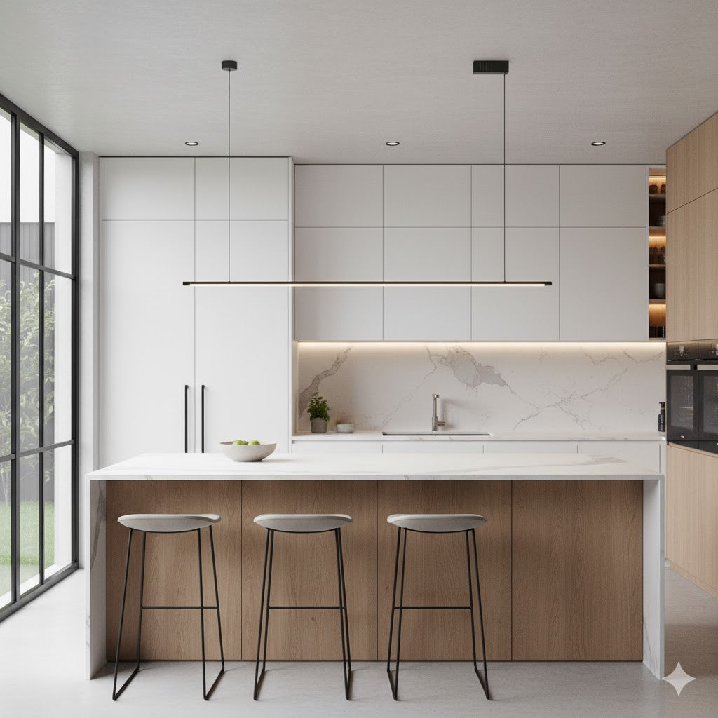 Minimalistische Dunne Stang LED Hanglamp Metalen Keuken Bar Eiland Plafondlamp in Zwart