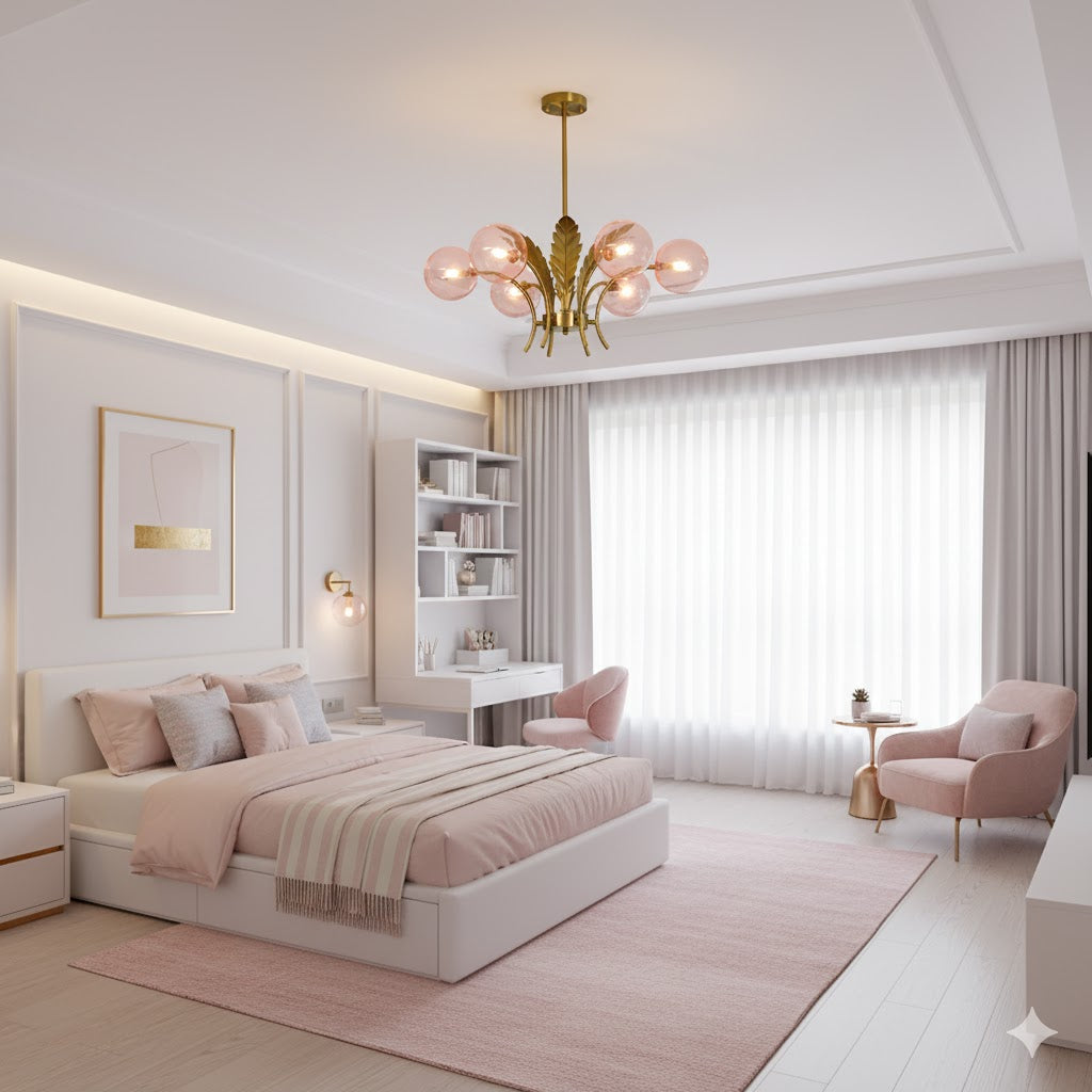Sferische Plafondlamp Simpliciteit Wit/Roze/Cognac Glas 6-Lamp Tekenruimte LED Hangende Kroonluchter met Blad Decor
