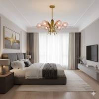 Sferische Plafondlamp Simpliciteit Wit/Roze/Cognac Glas 6-Lamp Tekenruimte LED Hangende Kroonluchter met Blad Decor