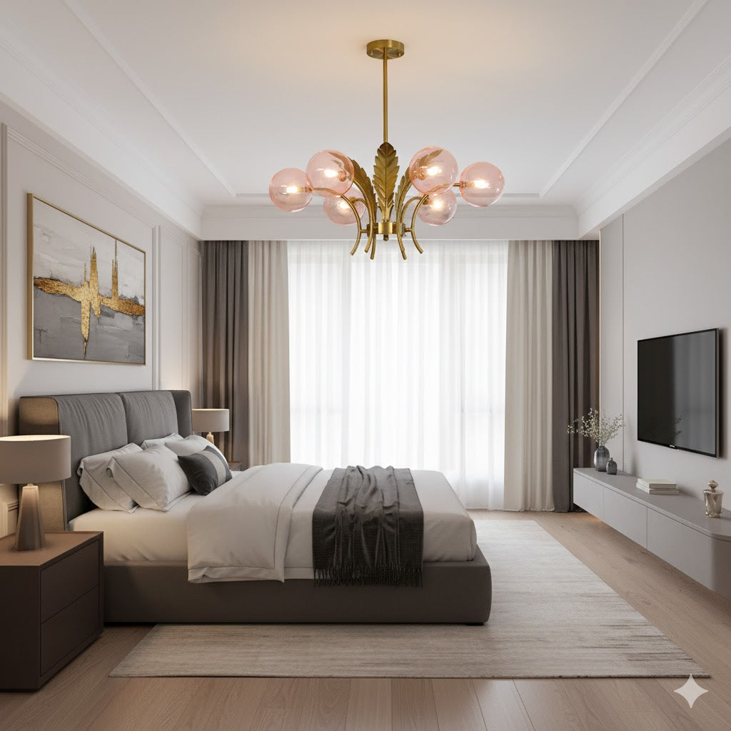 Sferische Plafondlamp Simpliciteit Wit/Roze/Cognac Glas 6-Lamp Tekenruimte LED Hangende Kroonluchter met Blad Decor