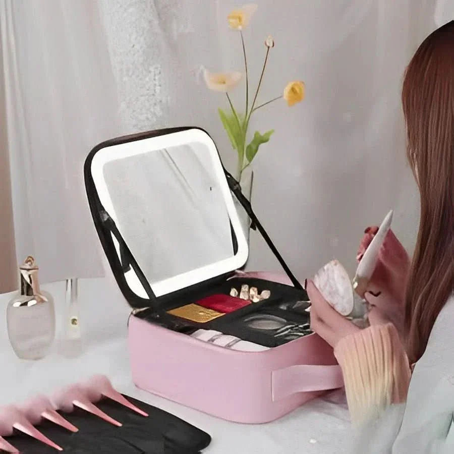 Mirrorglam – Make-up Tas met LED-Spiegel – Draagbare Cosmetictas met Licht & Opbergruimte voor Perfecte Styling Onderweg