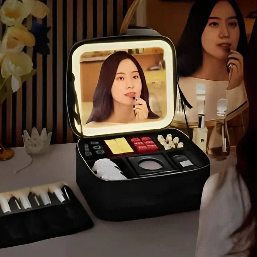 Mirrorglam – Make-up Tas met LED-Spiegel – Draagbare Cosmetictas met Licht & Opbergruimte voor Perfecte Styling Onderweg