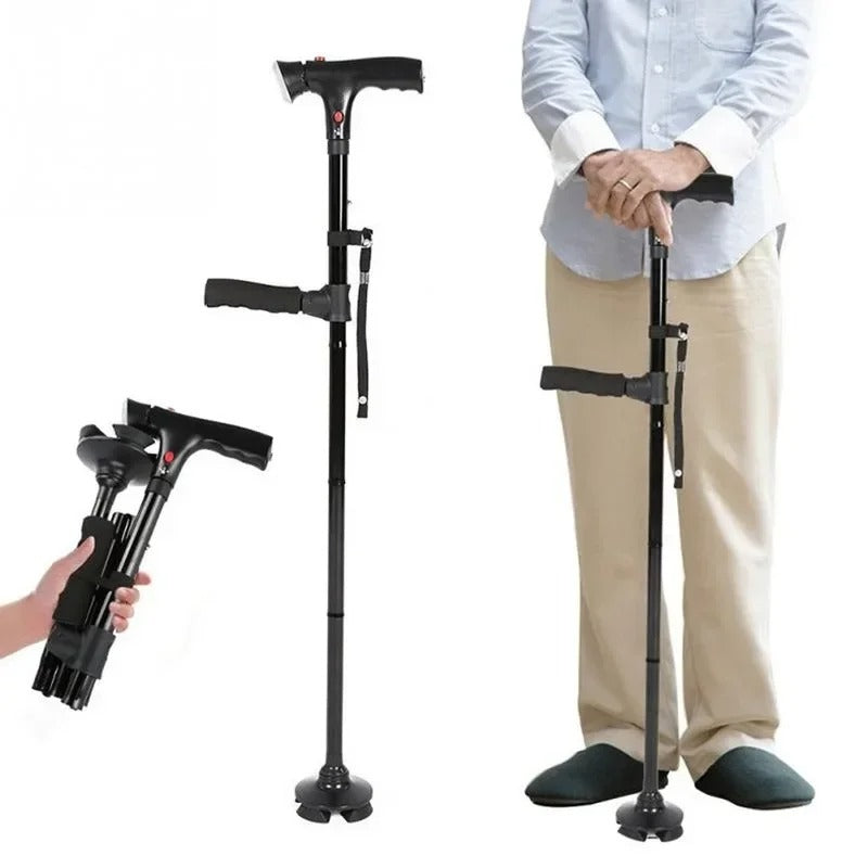Opvouwbare wandelstok met dubbele handvatten, alarm & lamp