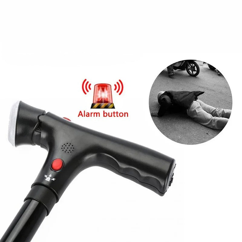 Opvouwbare wandelstok met dubbele handvatten, alarm & lamp