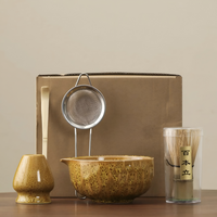 Authentiek Japanse Theeset voor Matcha – 5-delig Accessoire met handgemaakte keramische kom, zeef & bamboelepel