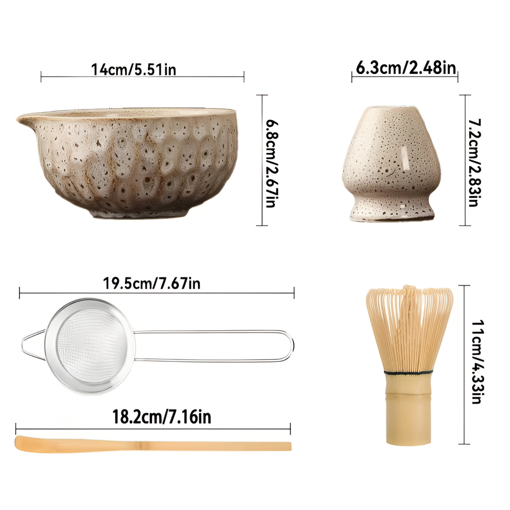Authentiek Japanse Theeset voor Matcha – 5-delig Accessoire met handgemaakte keramische kom, zeef & bamboelepel