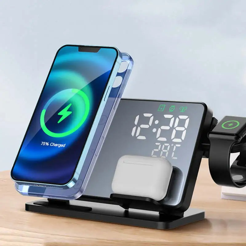 3-in-1 Snellader Station | Premium Draadloze Snellader Docking Station met Alarmklok | voor Apple iPhone, Watch & AirPods