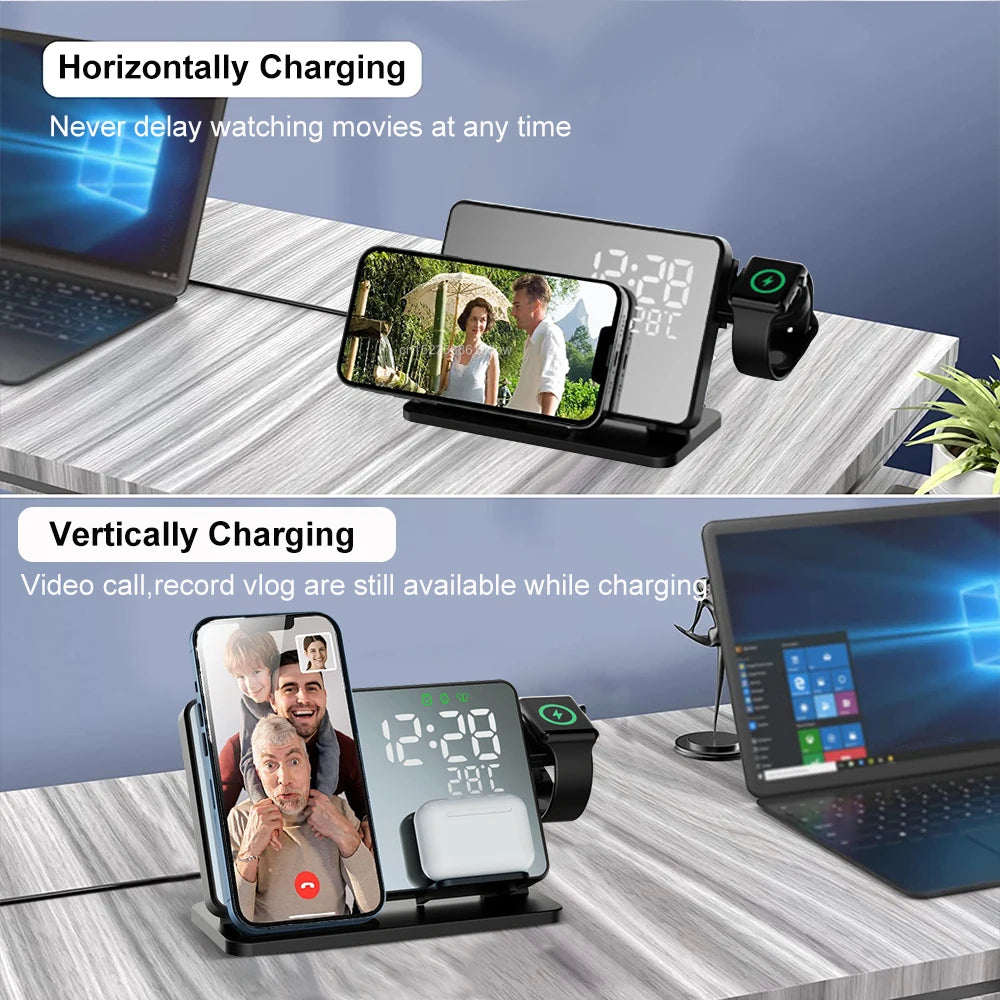 3-in-1 Snellader Station | Premium Draadloze Snellader Docking Station met Alarmklok | voor Apple iPhone, Watch & AirPods