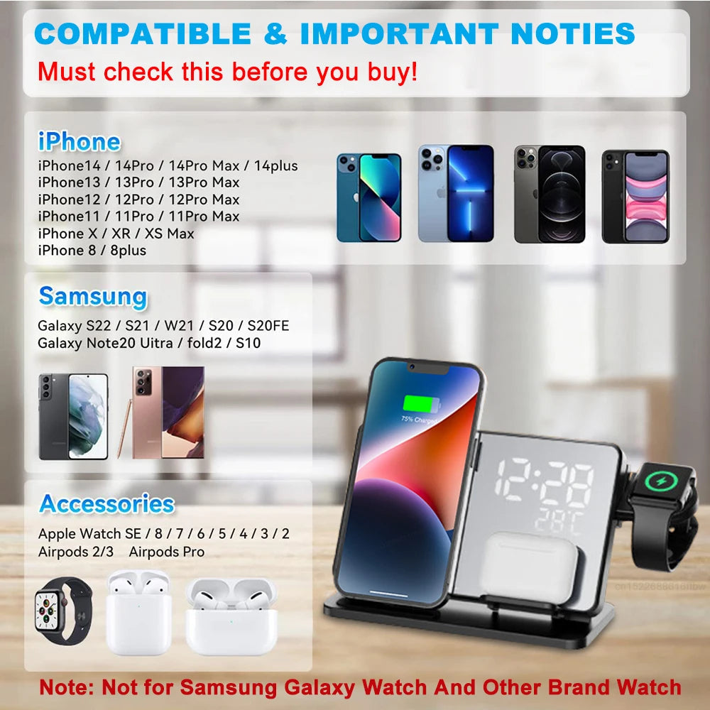 3-in-1 Snellader Station | Premium Draadloze Snellader Docking Station met Alarmklok | voor Apple iPhone, Watch & AirPods