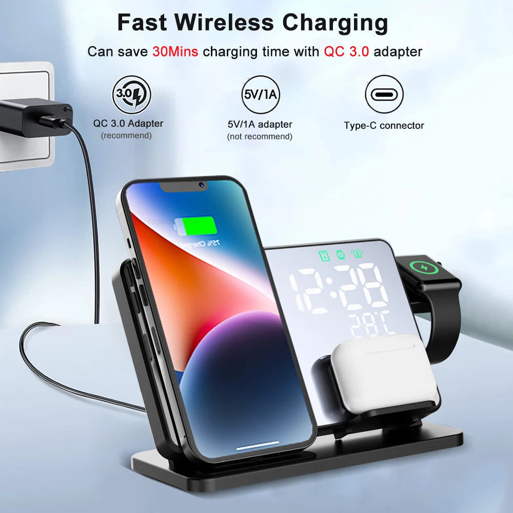 3-in-1 Snellader Station | Premium Draadloze Snellader Docking Station met Alarmklok | voor Apple iPhone, Watch & AirPods