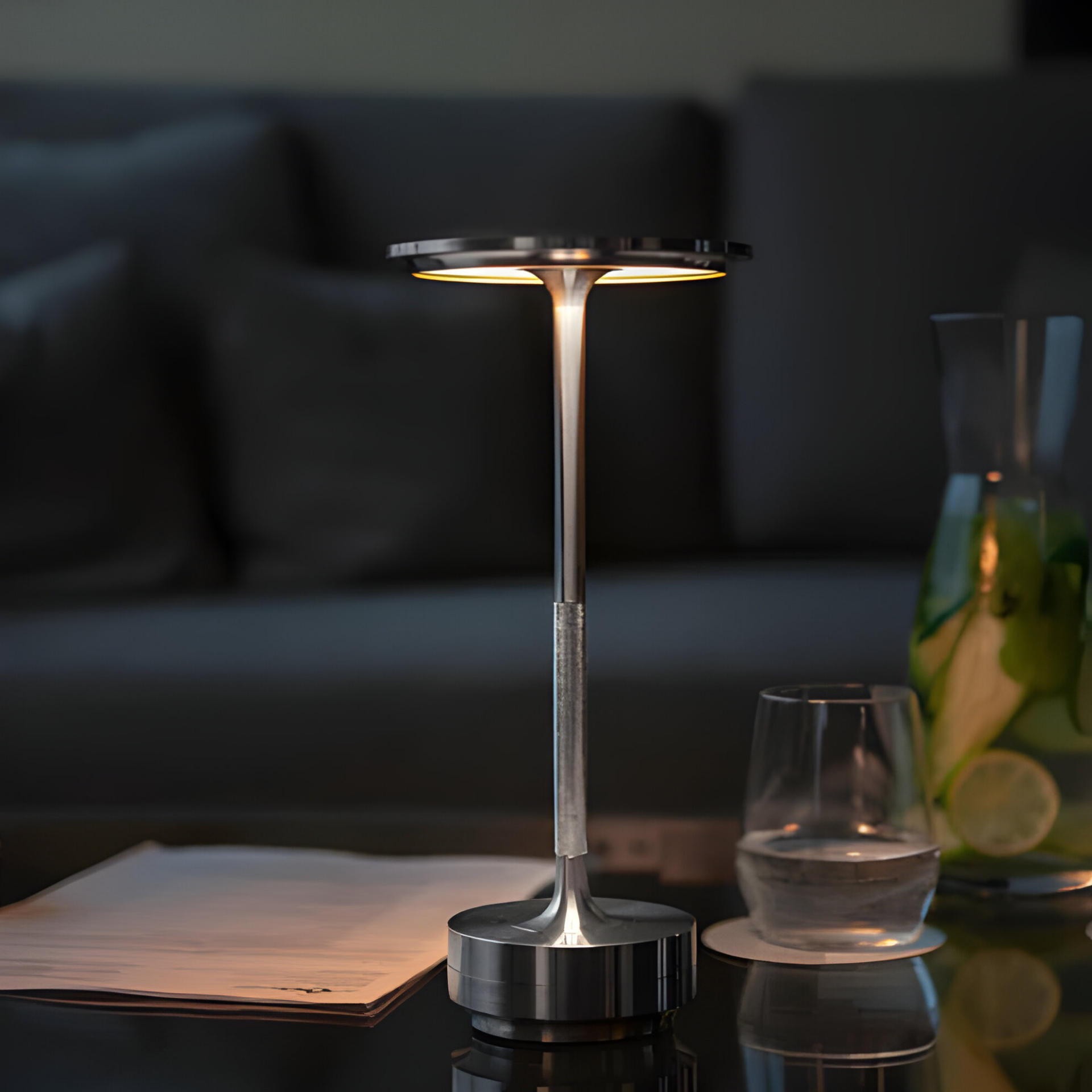 Oplaadbare LED Tafellamp met Schijflichtkop en Metalen Basis