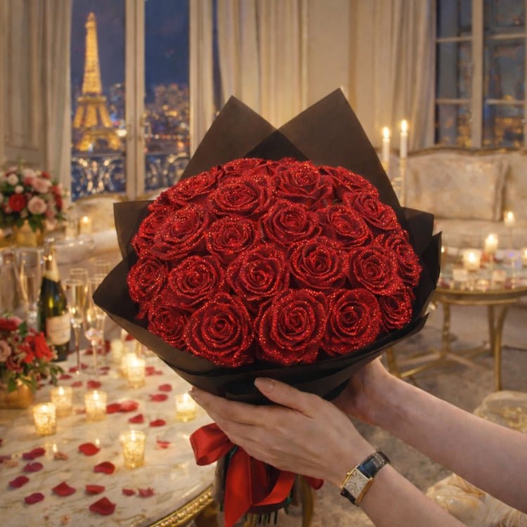Glitter Rozen Cadeau – Enkele Roos of Rozenboeket in Elegante Cadeaubox