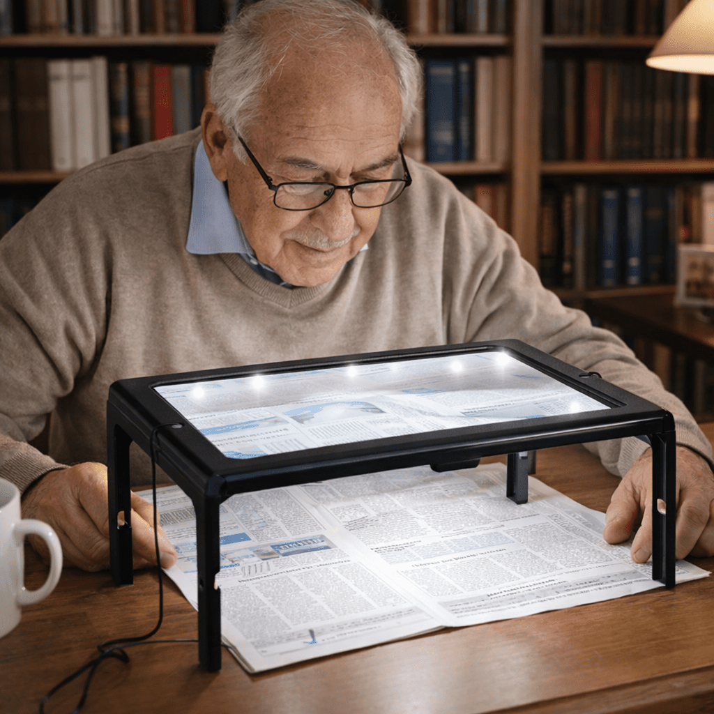 TEXTDESK – Opvouwbare 3-voudige tafelvergrootglas met LED-verlichting voor handsfree lezen