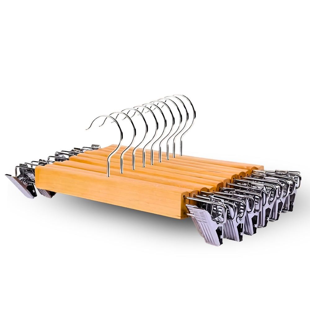 Maxwell Premium Houten Broekhangers met Clips | 10-delige Set