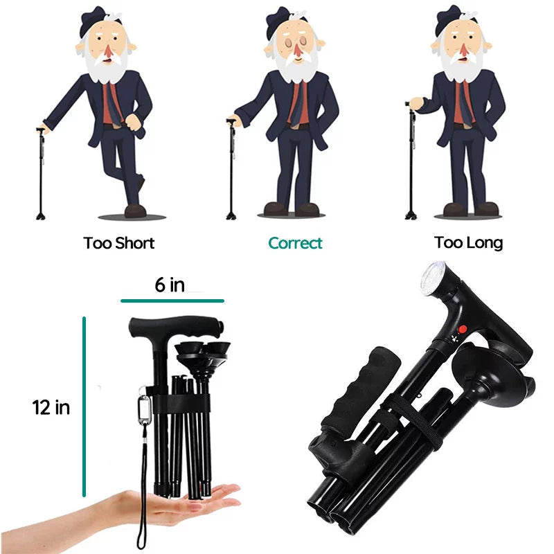 Vouwbare Wandelstok met LED-verlichting en Antislipvoet voor Stabiliteit