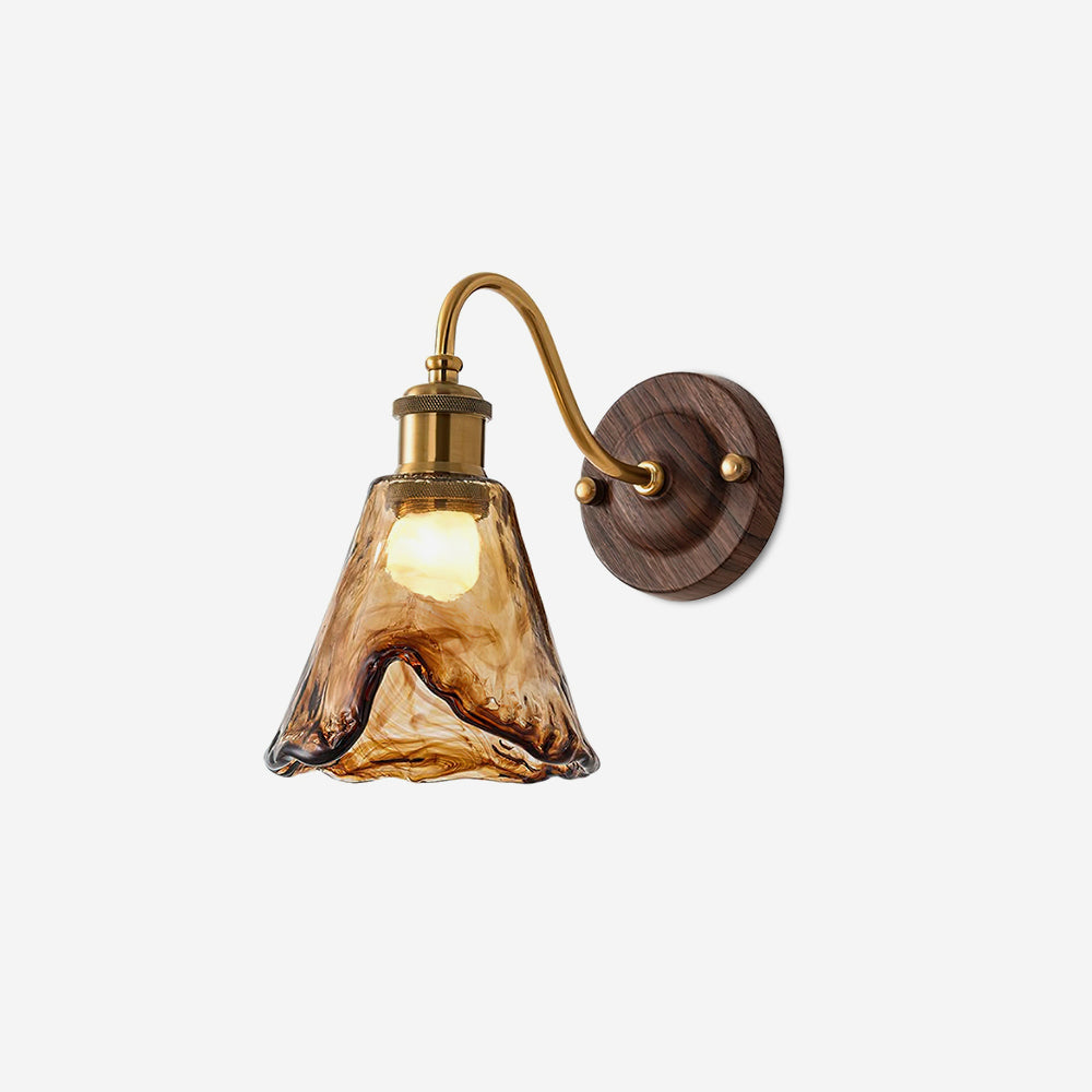 Wandlamp Amber Glazen Kap Walnut Goud Vintage Modern Sconces