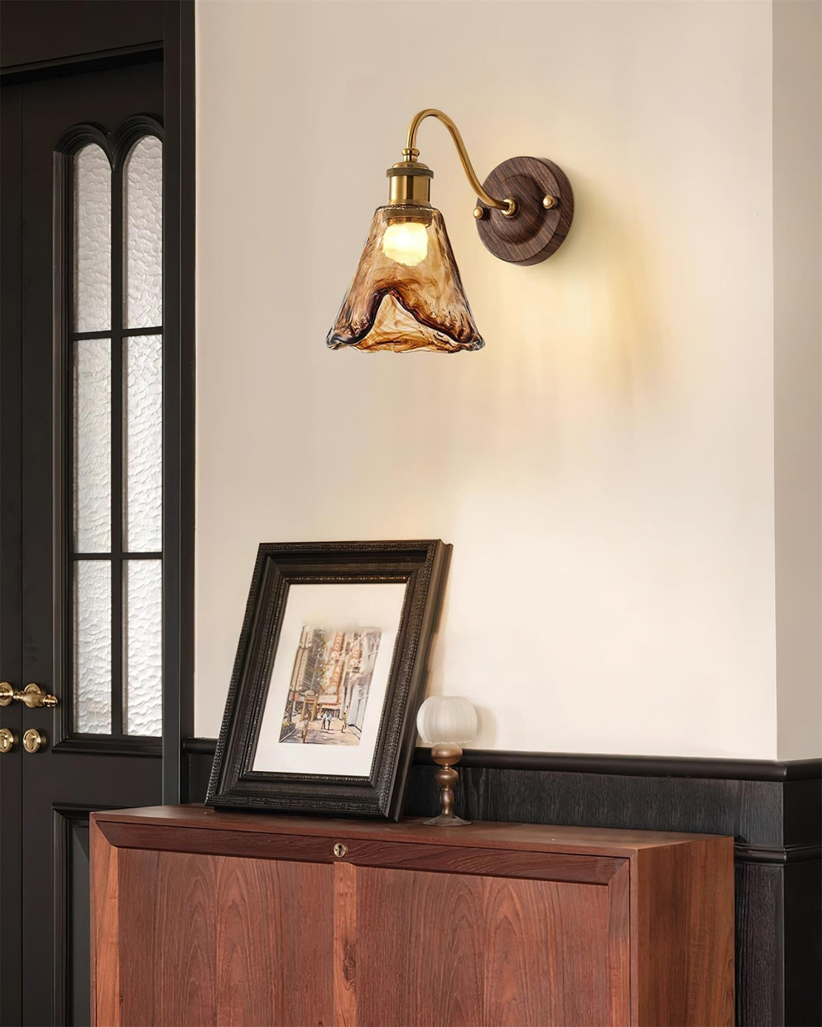 Wandlamp Amber Glazen Kap Walnut Goud Vintage Modern Sconces