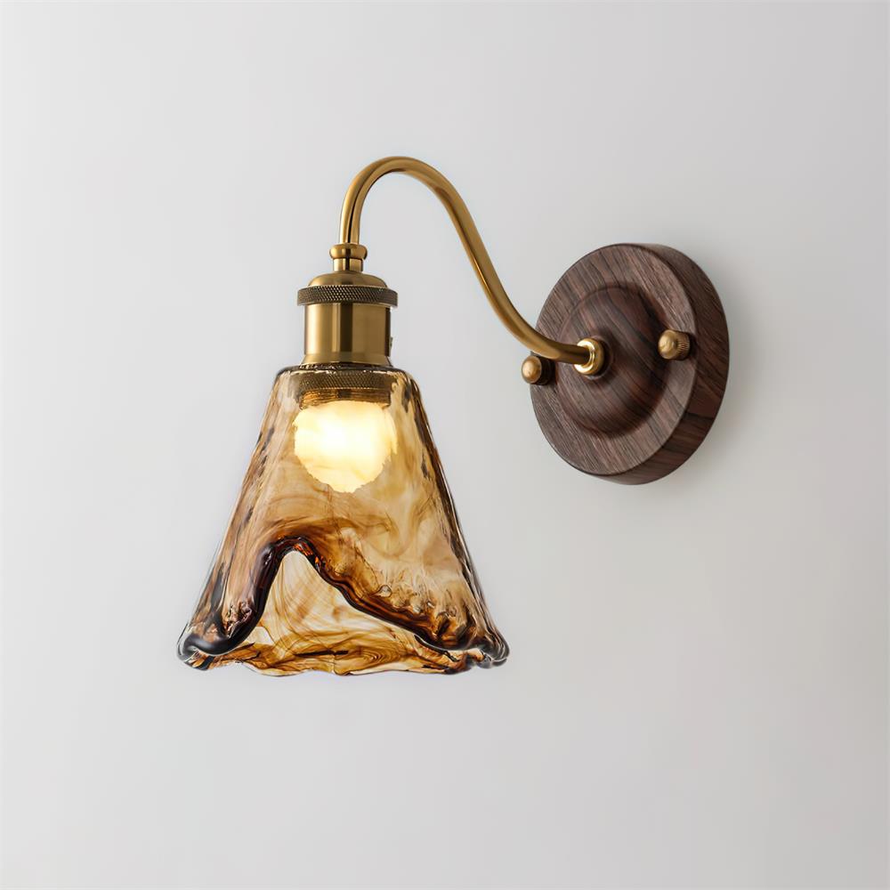 Wandlamp Amber Glazen Kap Walnut Goud Vintage Modern Sconces