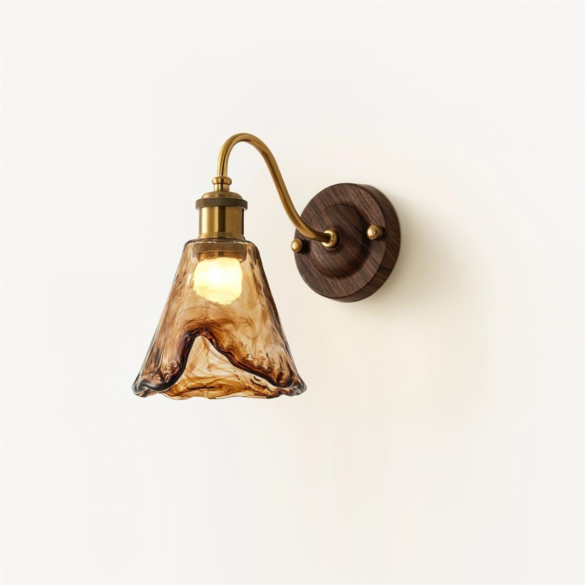 Wandlamp Amber Glazen Kap Walnut Goud Vintage Modern Sconces