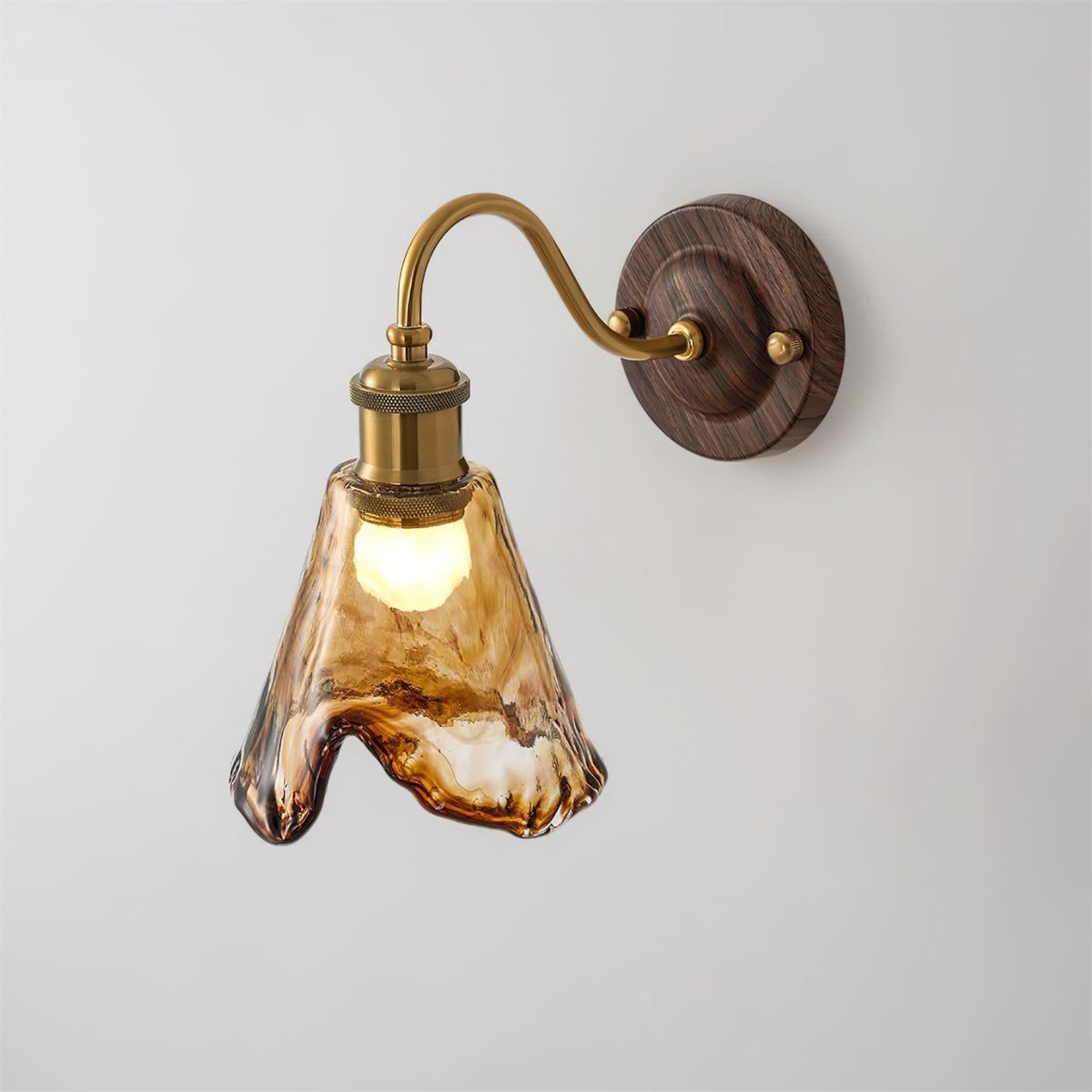 Wandlamp Amber Glazen Kap Walnut Goud Vintage Modern Sconces
