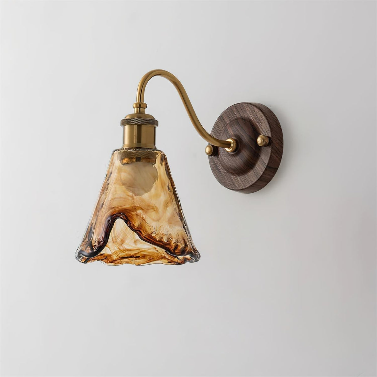 Wandlamp Amber Glazen Kap Walnut Goud Vintage Modern Sconces