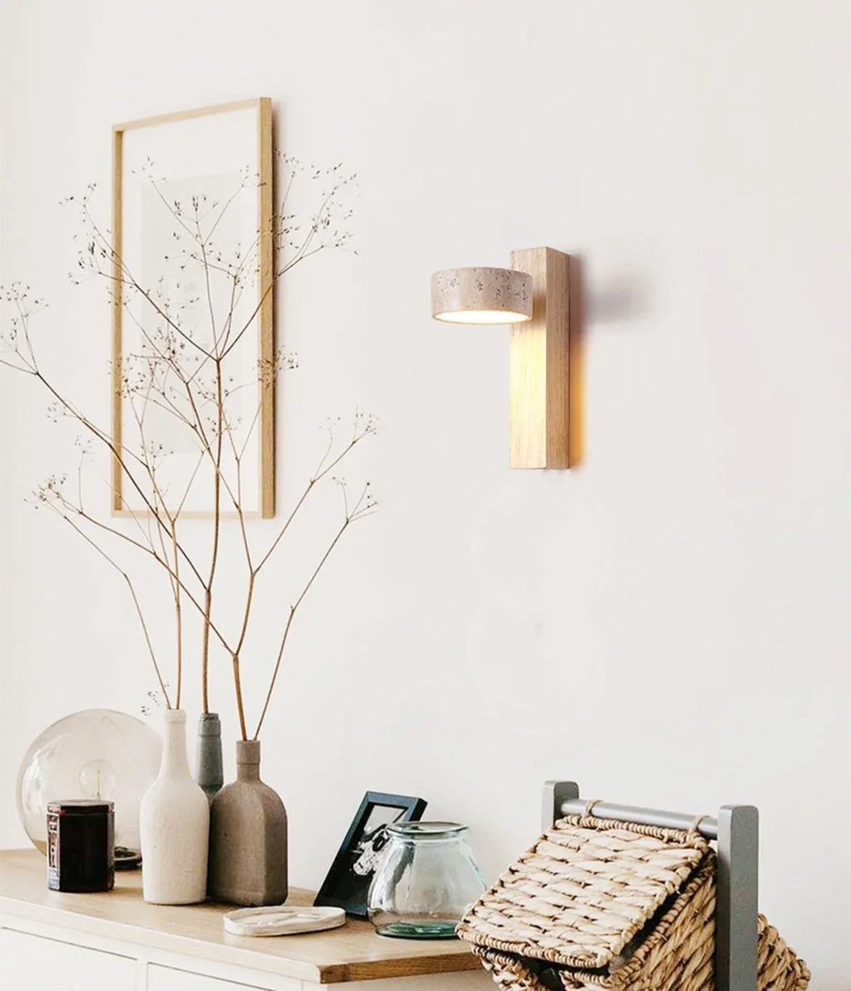 Travertine Houten Nachtkastje Wandlamp