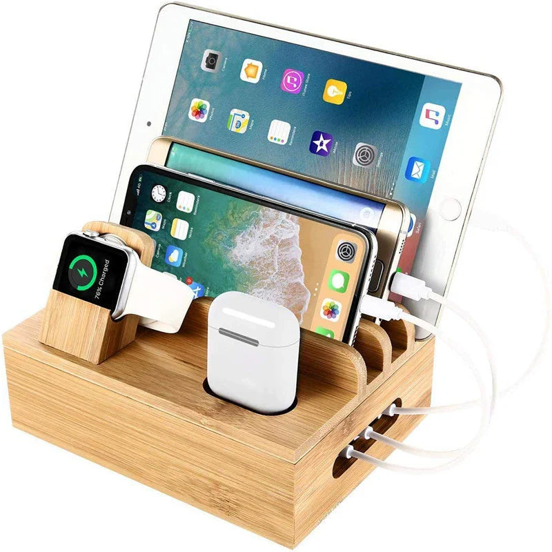 Skanto | Tekavo Bamboo Oplaadstation – 5-Poorts USB Organisator met Kabelset