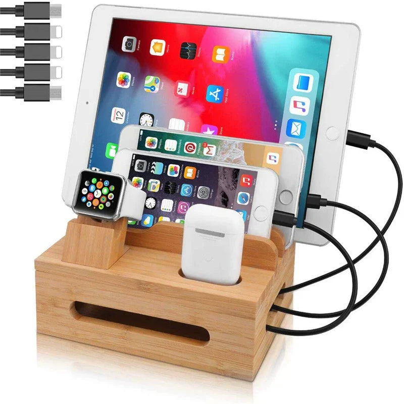 Skanto | Tekavo Bamboo Oplaadstation – 5-Poorts USB Organisator met Kabelset