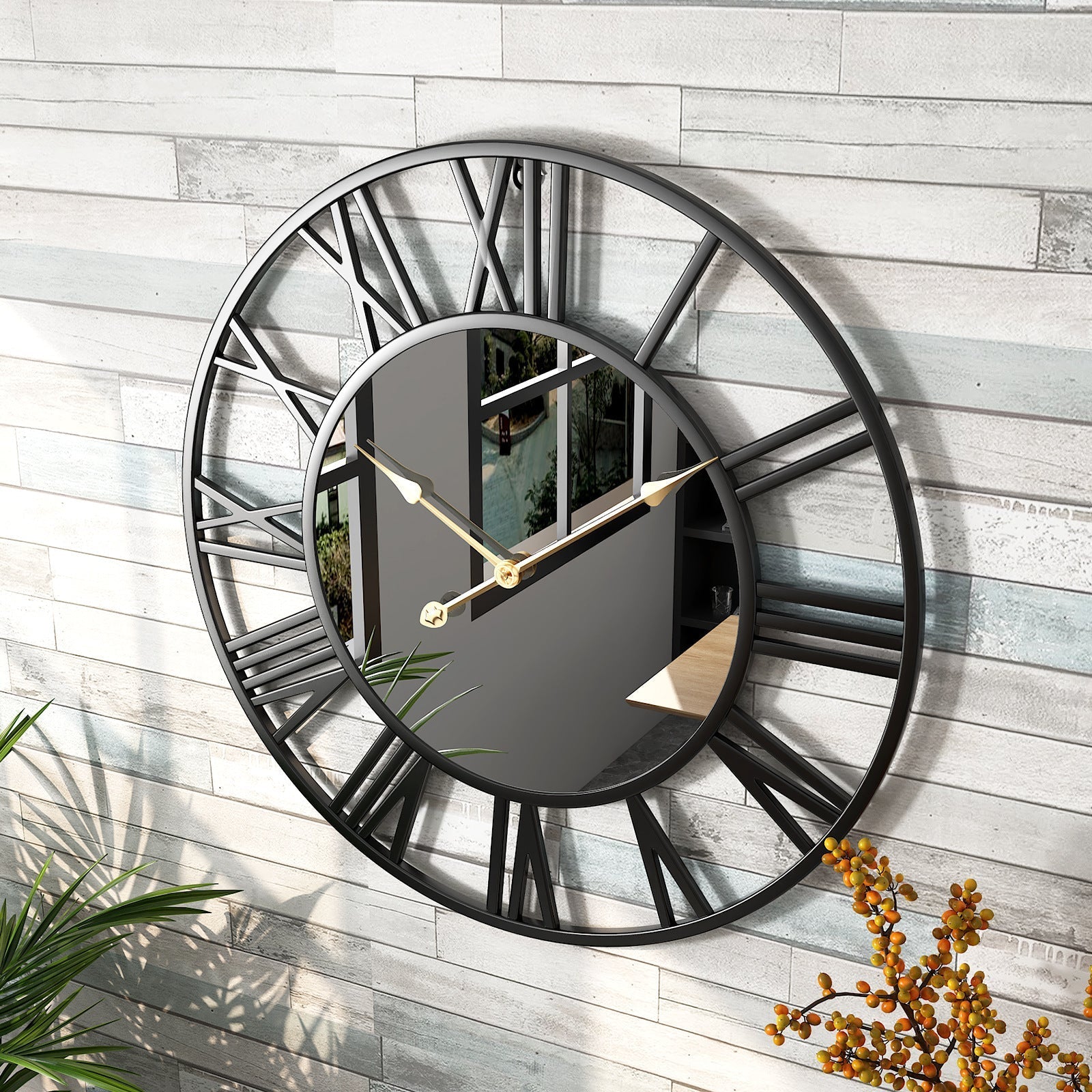 Metall Vintage Grote Maat Wandklok met Spiegel 39cm