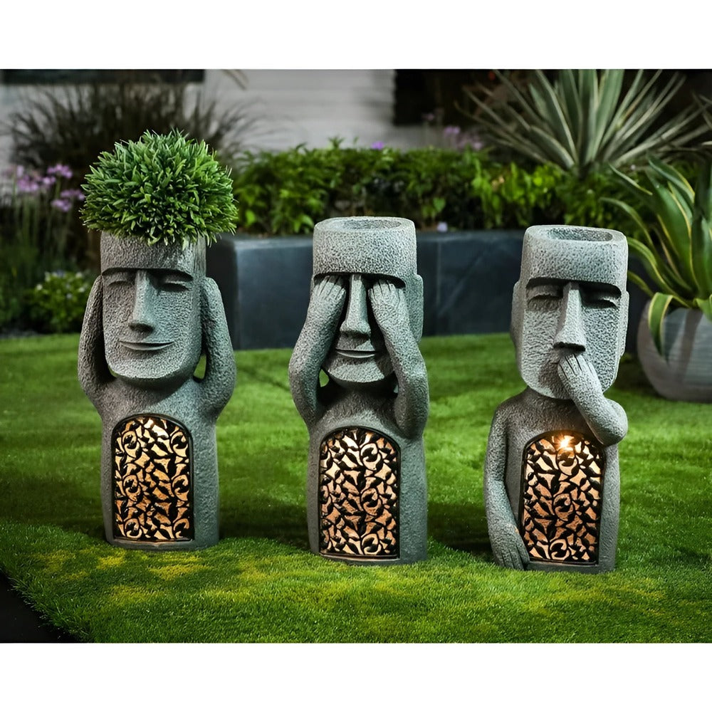 Zonne-energie Tuinsculptuur Set met Steen-effect Mensfiguren