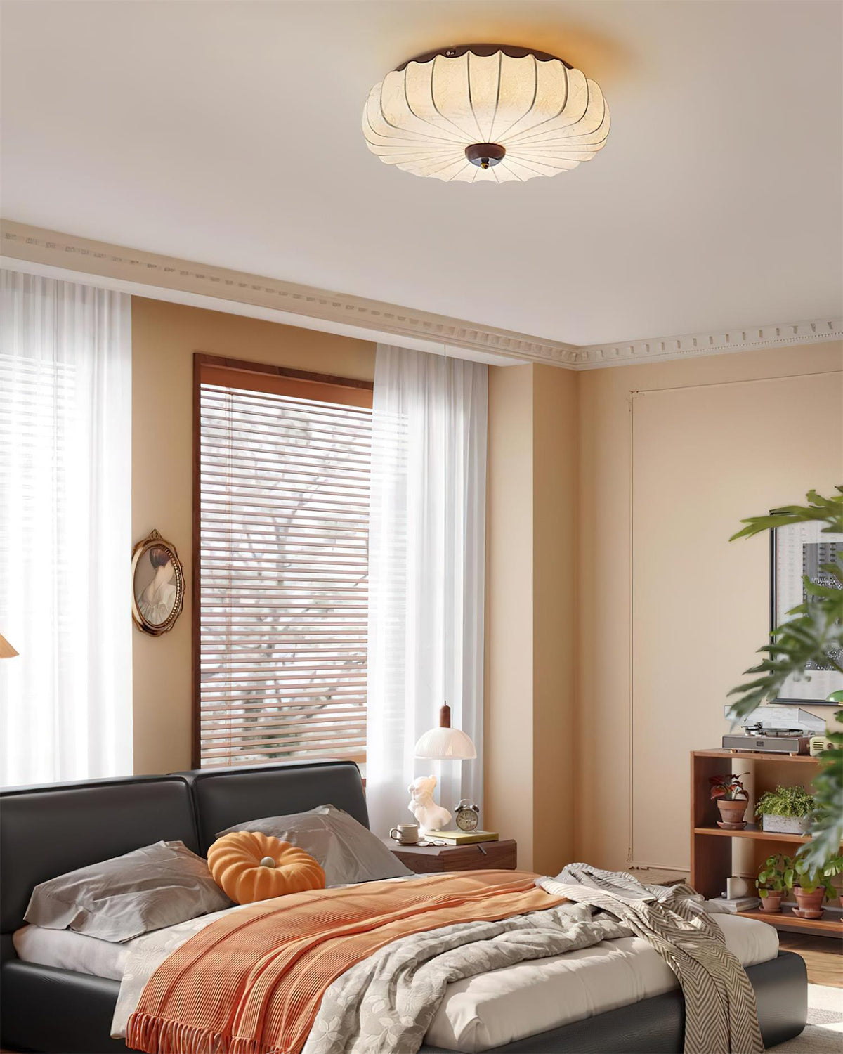 Plafondlamp Stoffen Kap Gepleatste Lotusvorm Houten Plafondbevestiging
