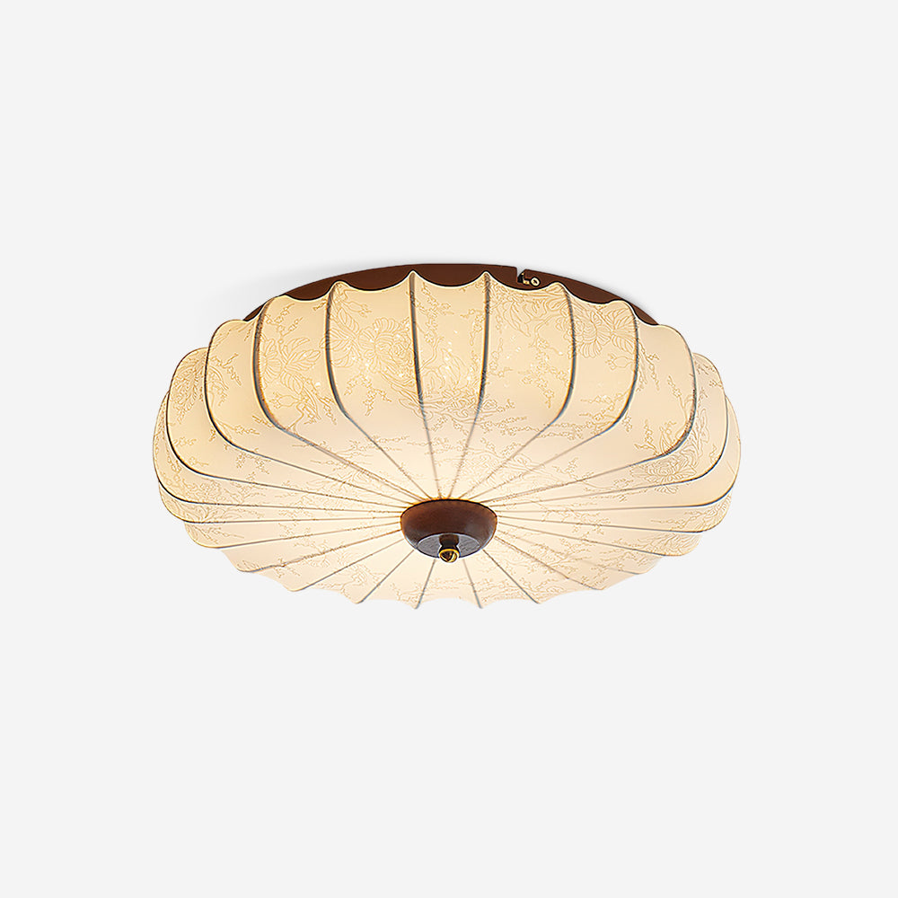 Plafondlamp Stoffen Kap Gepleatste Lotusvorm Houten Plafondbevestiging