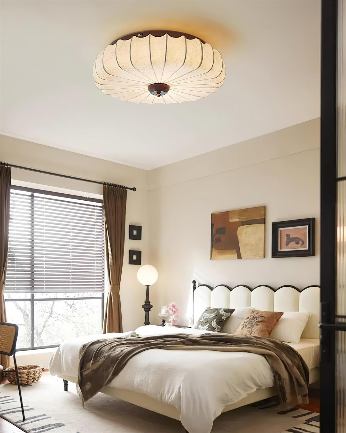 Plafondlamp Stoffen Kap Gepleatste Lotusvorm Houten Plafondbevestiging