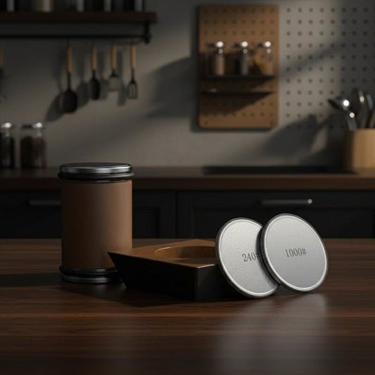 DIASHARP – Rollende Messcherfset met Diamantslijper en Houten Platform