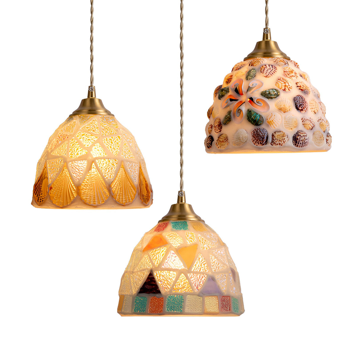 Retro Kleurrijke Natuurlijke Schelp Handgemaakte Messing Hanglamp