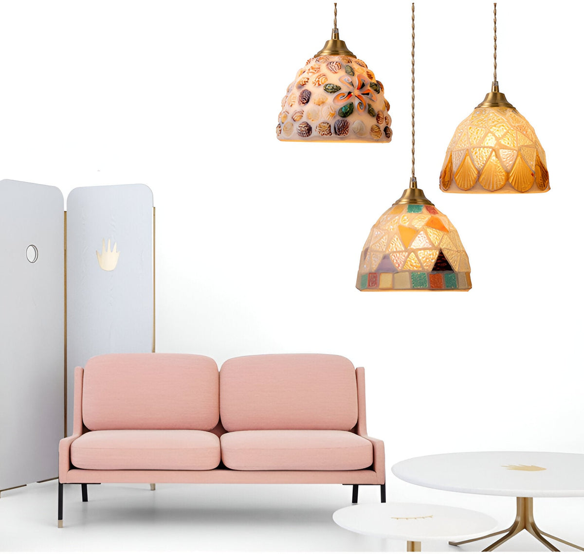 Retro Kleurrijke Natuurlijke Schelp Handgemaakte Messing Hanglamp