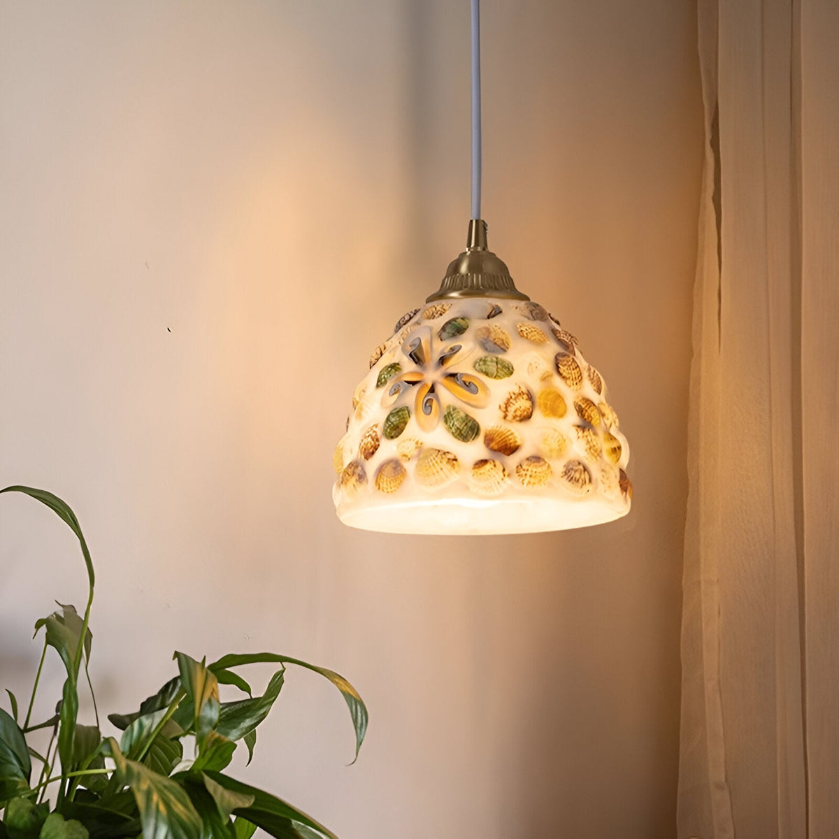 Retro Kleurrijke Natuurlijke Schelp Handgemaakte Messing Hanglamp