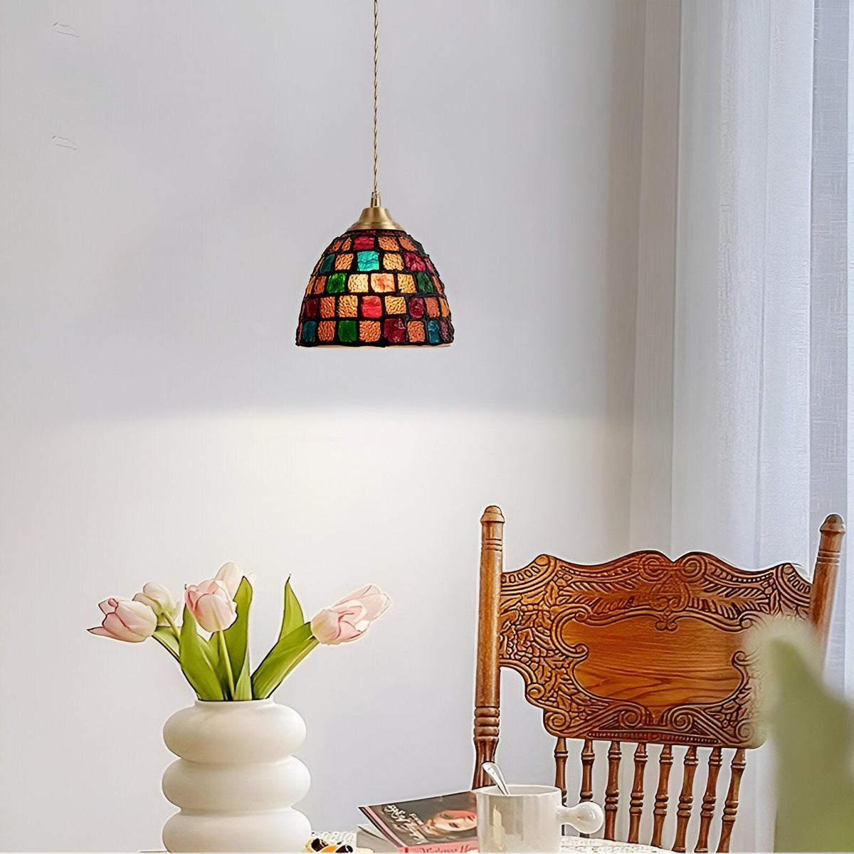 Retro Kleurrijke Natuurlijke Schelp Handgemaakte Messing Hanglamp