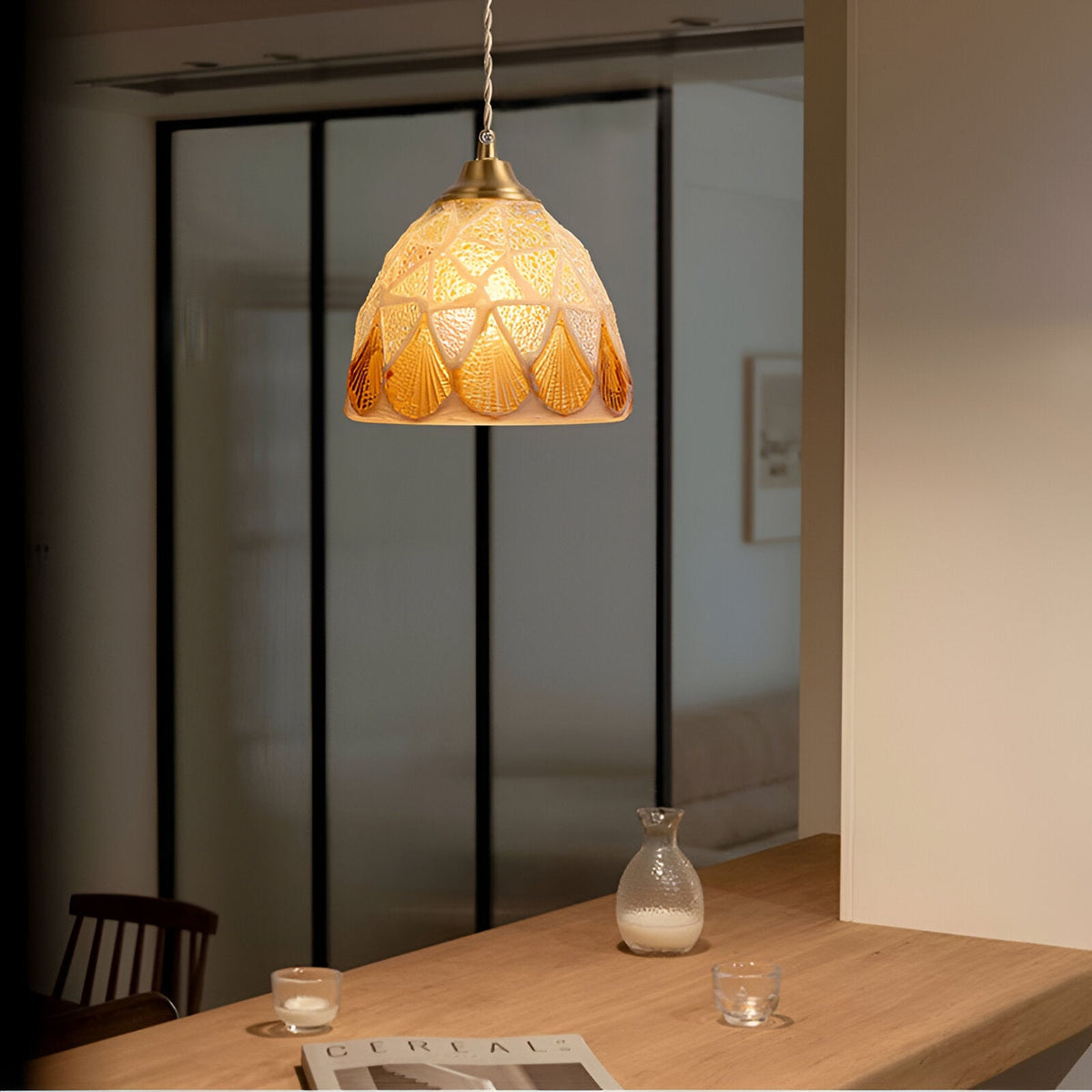 Retro Kleurrijke Natuurlijke Schelp Handgemaakte Messing Hanglamp