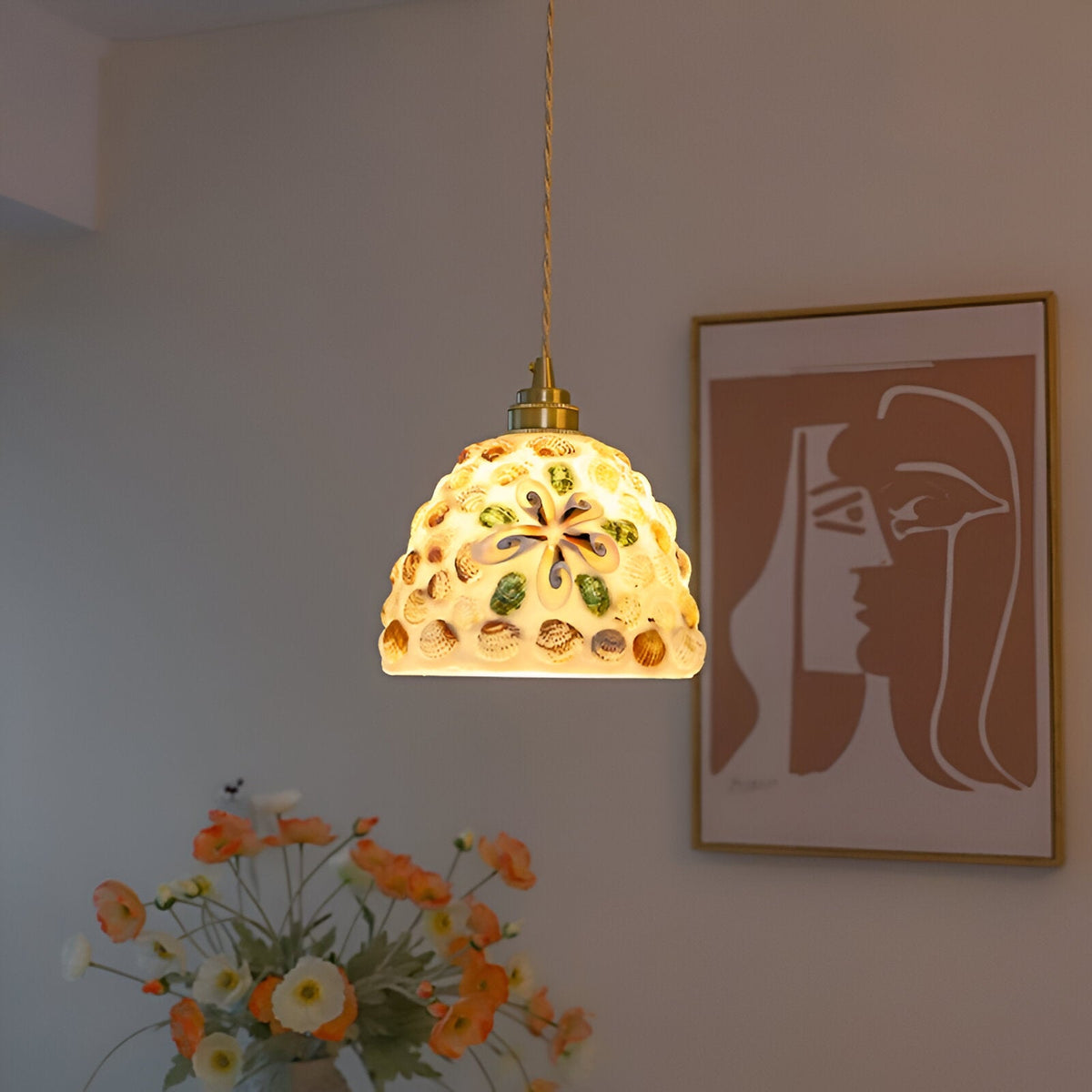 Retro Kleurrijke Natuurlijke Schelp Handgemaakte Messing Hanglamp