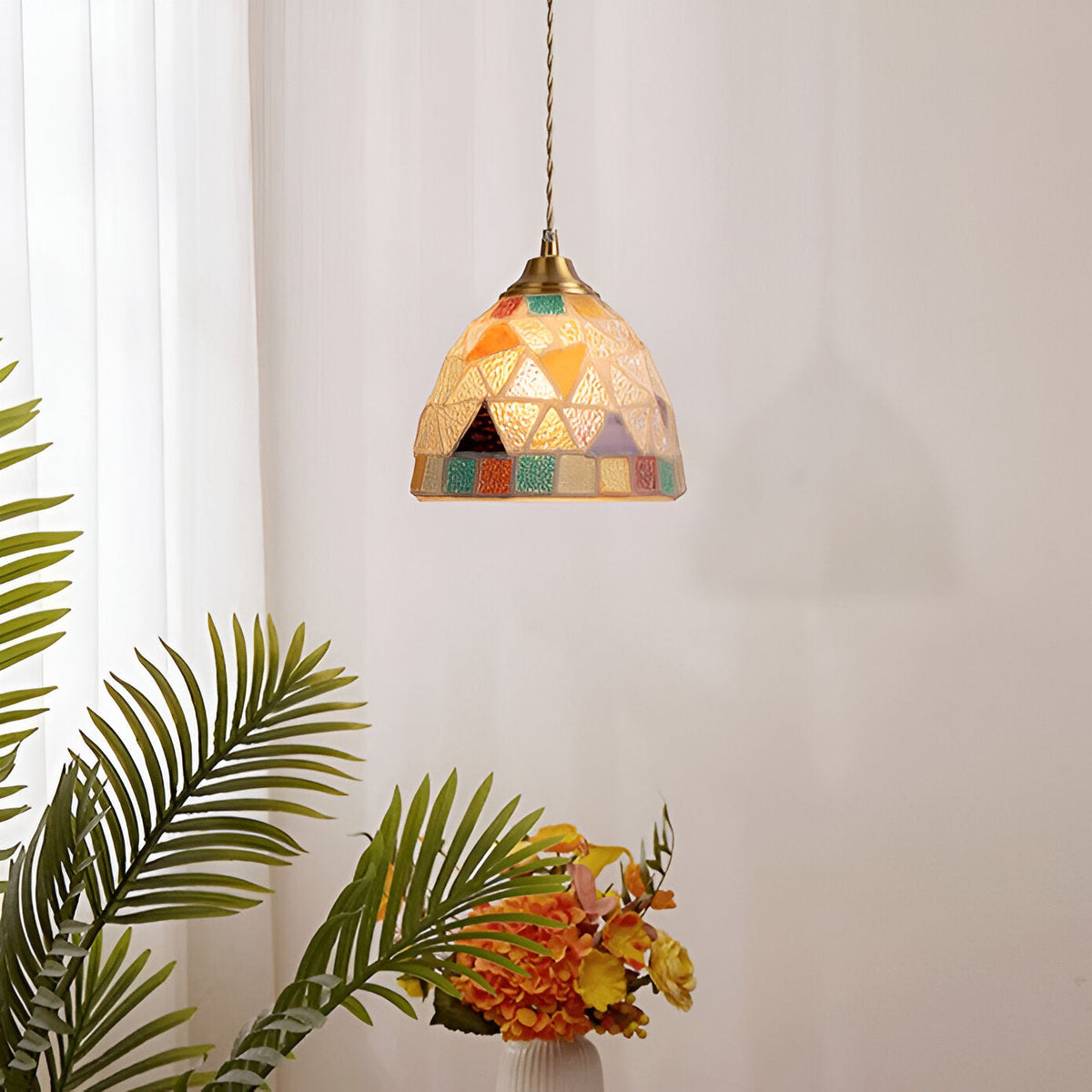 Retro Kleurrijke Natuurlijke Schelp Handgemaakte Messing Hanglamp