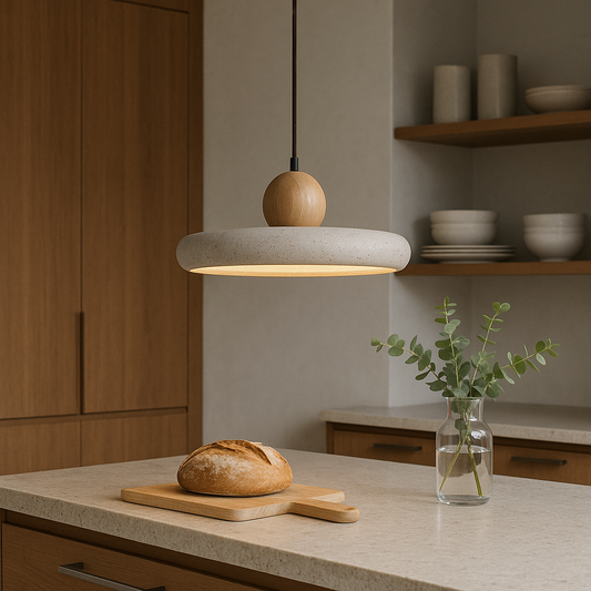 Rustieke Travertijn Hanglamp met Houten Accent
