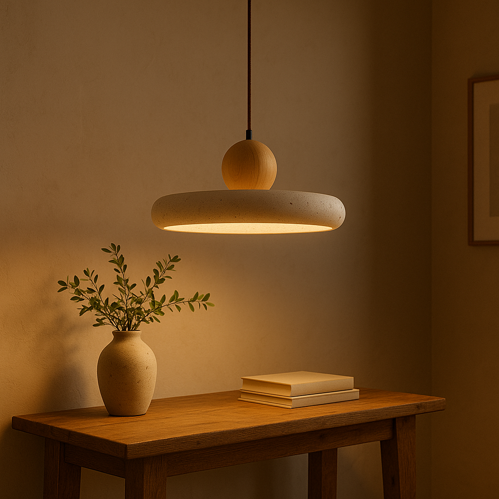 Rustieke Travertijn Hanglamp met Houten Accent