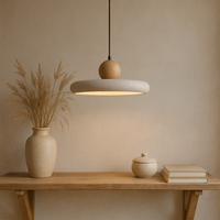 Rustieke Travertijn Hanglamp met Houten Accent
