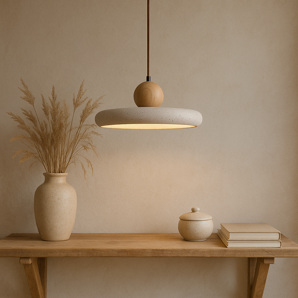 Rustieke Travertijn Hanglamp met Houten Accent