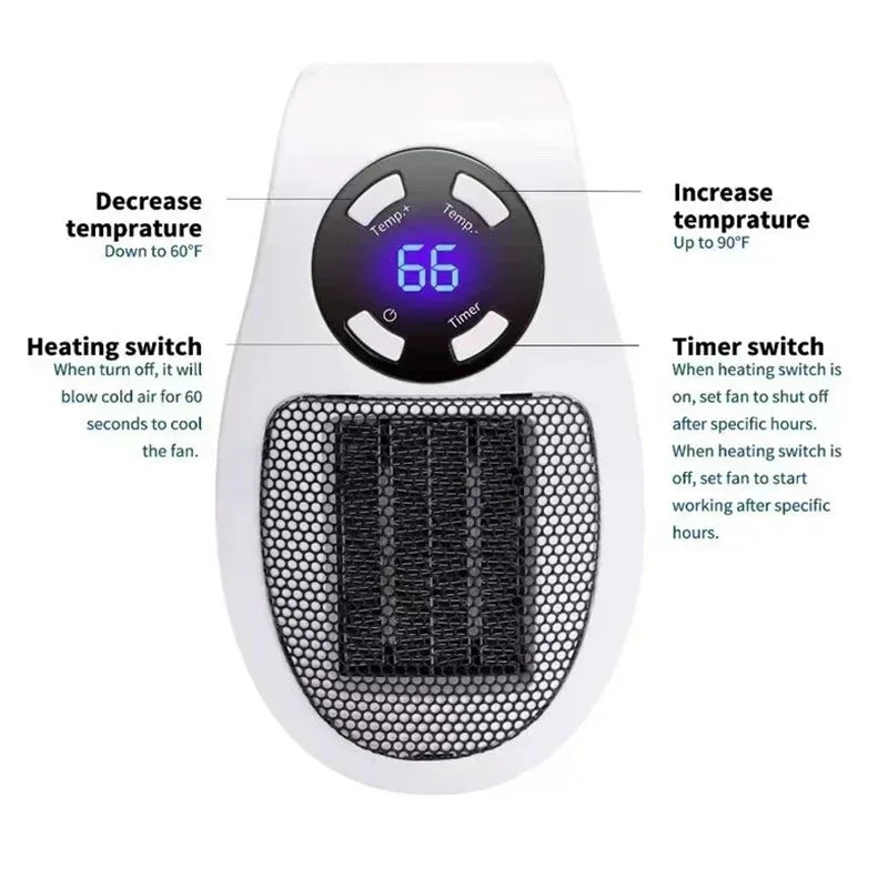 ThermoEase 350W Compacte Verwarming | Muurcontact verwarming met afstandsbediening | LED-display & Timer | 180° draaibare stekker