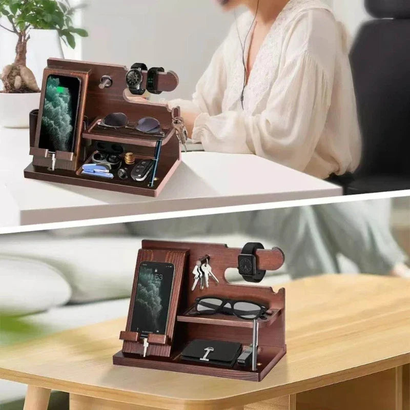 Skanto | Houten Nachtkastje Telefoon Dockingstation – Multifunctioneel Rek voor Portemonnee, Horloge en Opslag, Ideaal voor Valentijnsdag