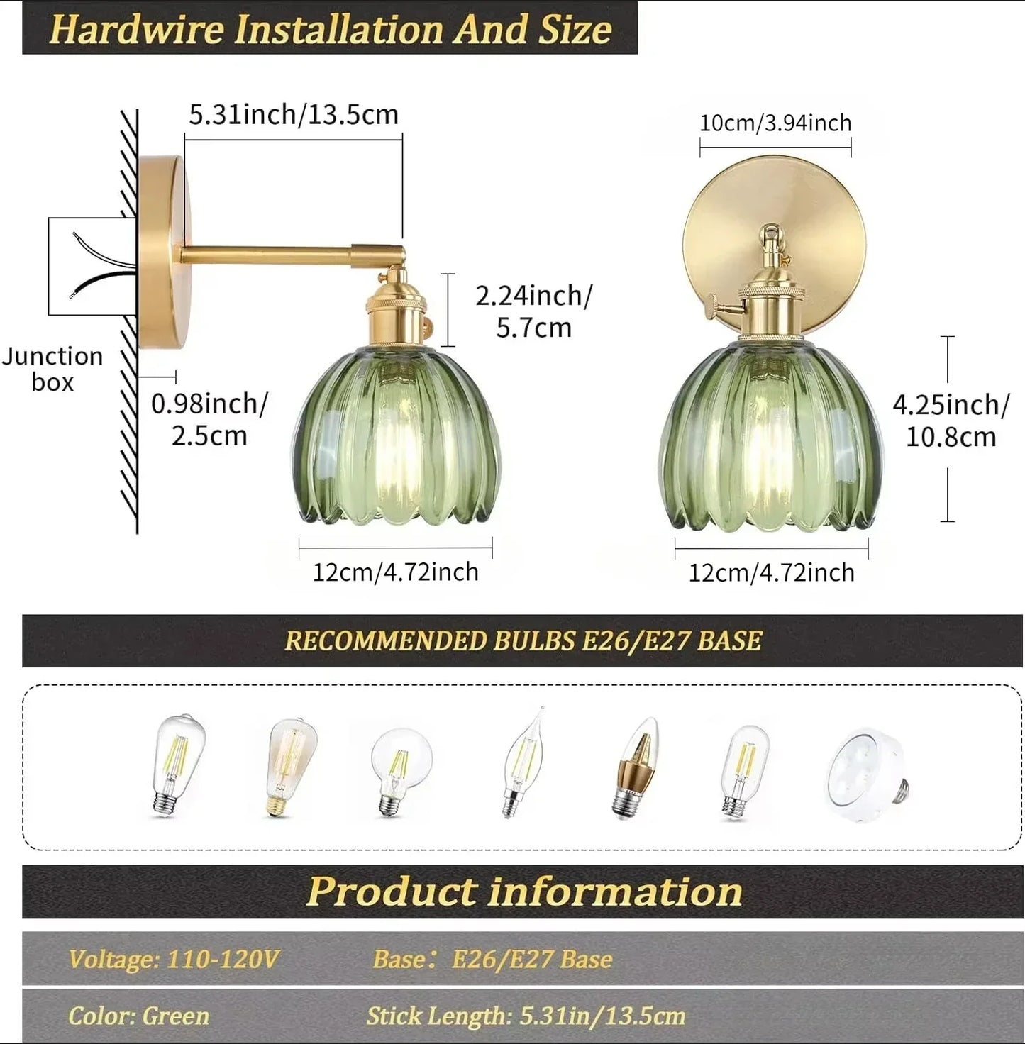 Retro wandlamp in de vorm van een tulp bloem – wandlamp met glazen kap en gouden afwerking