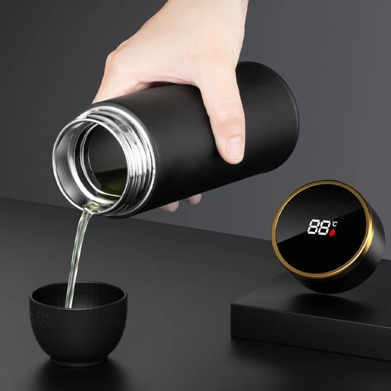ThermoBrew | Isolerende fles met LED-temperatuurweergave & theefilter | 450 ml | Roestvrij staal 304 | Zwart